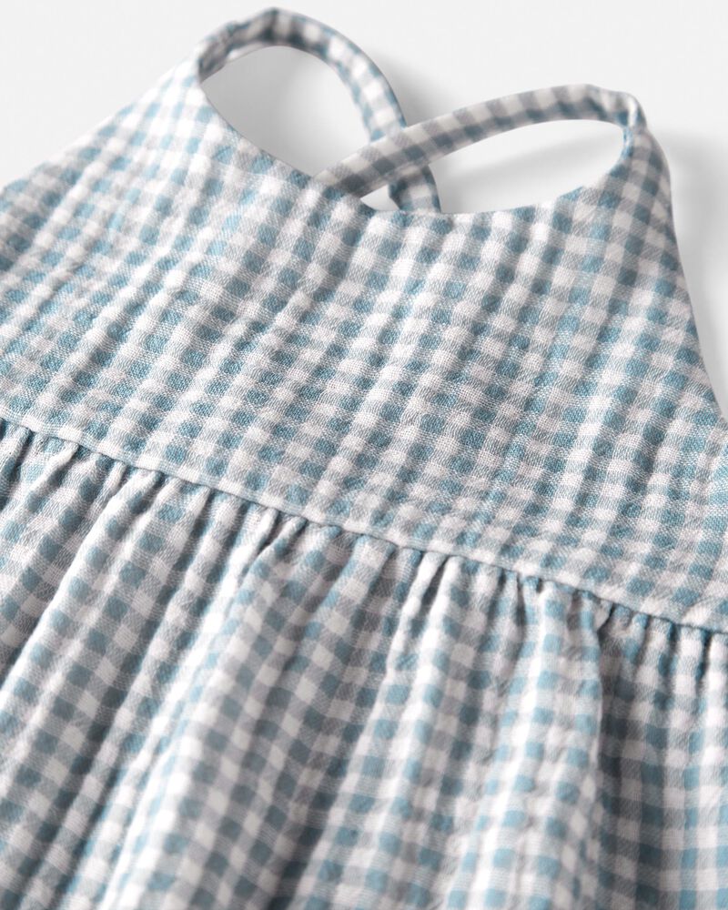 Blue Gingham Print Organic Cotton Gauze Jumpsuit