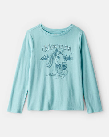 Filles - T-shirt &agrave; imprim&eacute; &agrave; manches longues, Cheval western Montana - Bleu, 