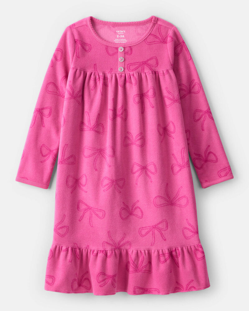 Girls Bow Print Fleece Long-Sleeve Loose Fit Night Gown - Pink, image 1 of 3 slides
