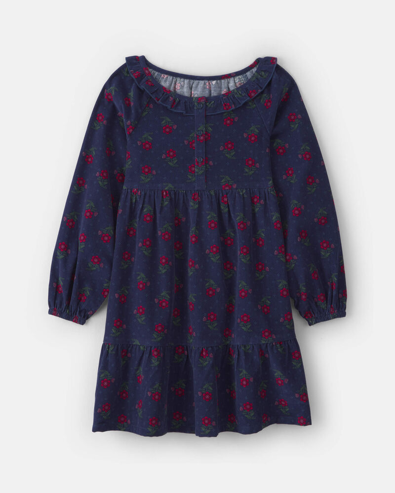 Filles - Robe manches longues en velours c&ocirc;tel&eacute; &agrave; motif floral - Bleu marine, image 1 sur 3 diapositives