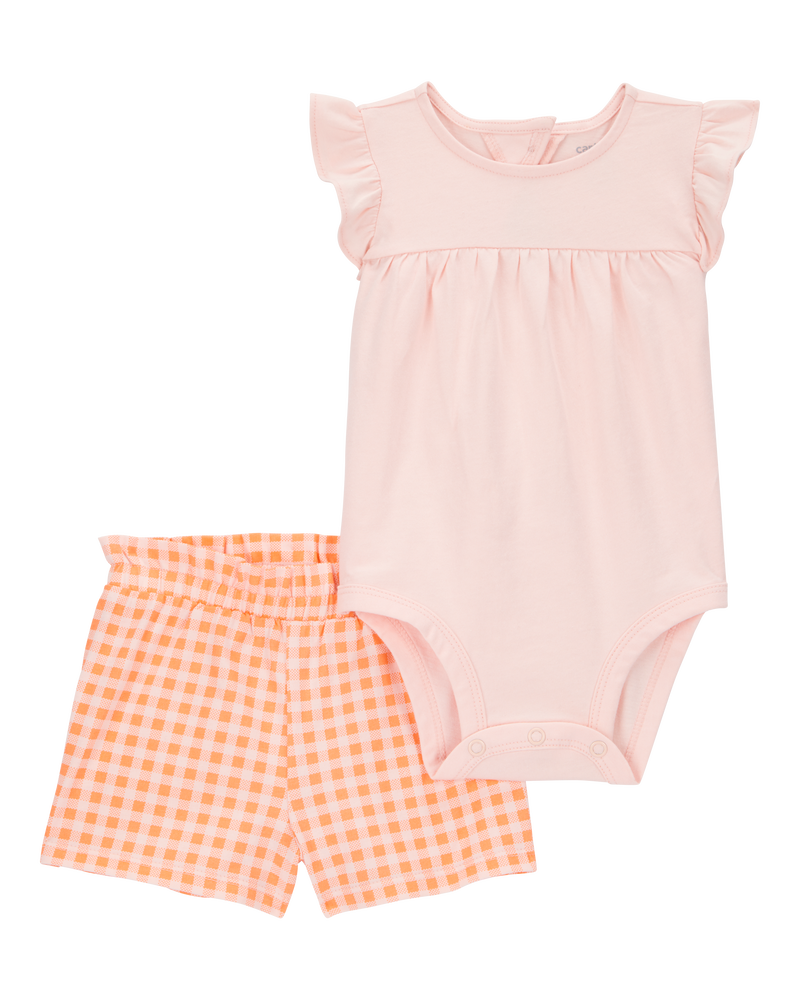 Baby Girl 2-Piece Gingham Bodysuit & Short Set - Orange, image 1 of 3 slides