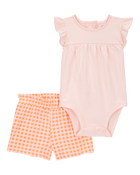 Baby Girl 2-Piece Gingham Bodysuit & Short Set - Orange, image 1 of 3 slides