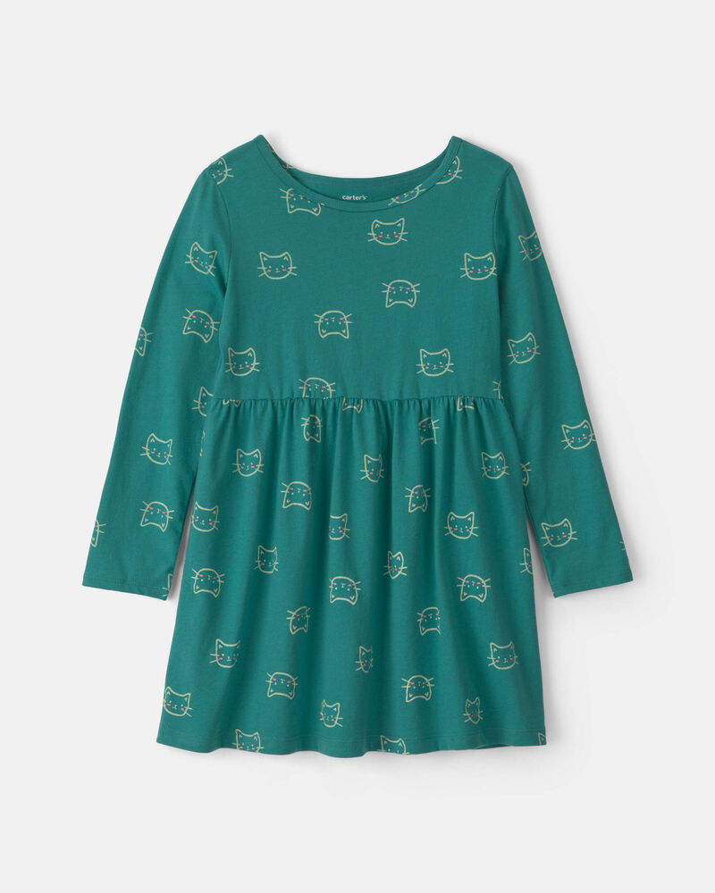 Filles - Robe manches longues &agrave; motif chat &ndash; Vert, image 1 sur 3 diapositives
