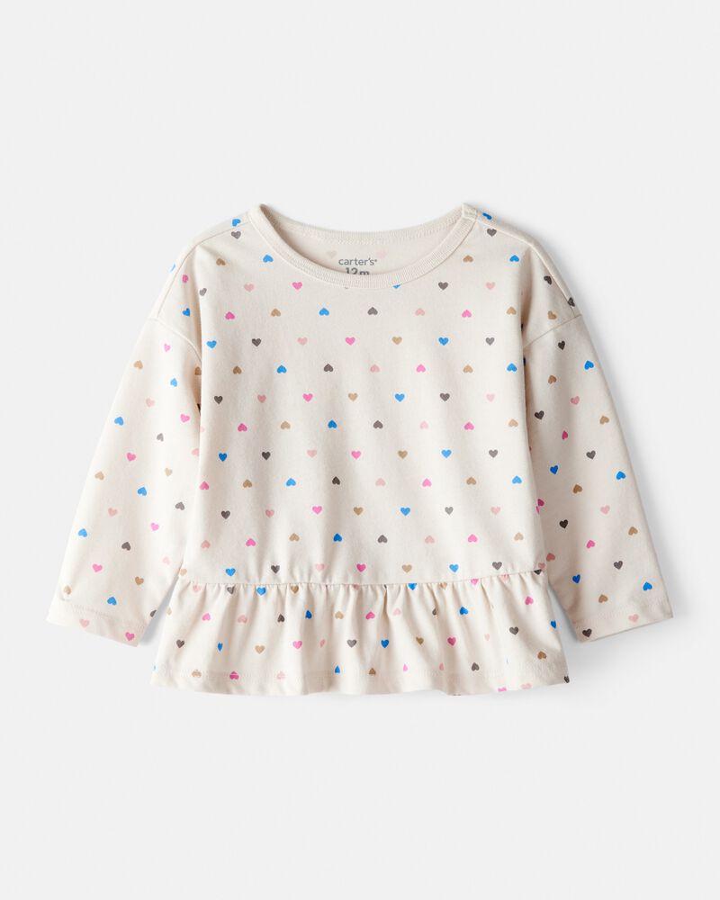 Baby Girl Heart Print Long-Sleeve Peplum Top - Cream, image 1 of 3 slides