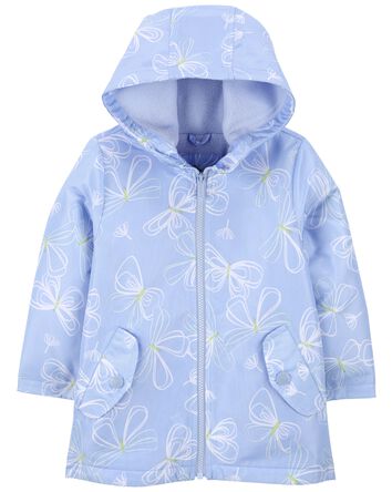 Butterfly Print Fleece-Lined Rain Jacket, 
