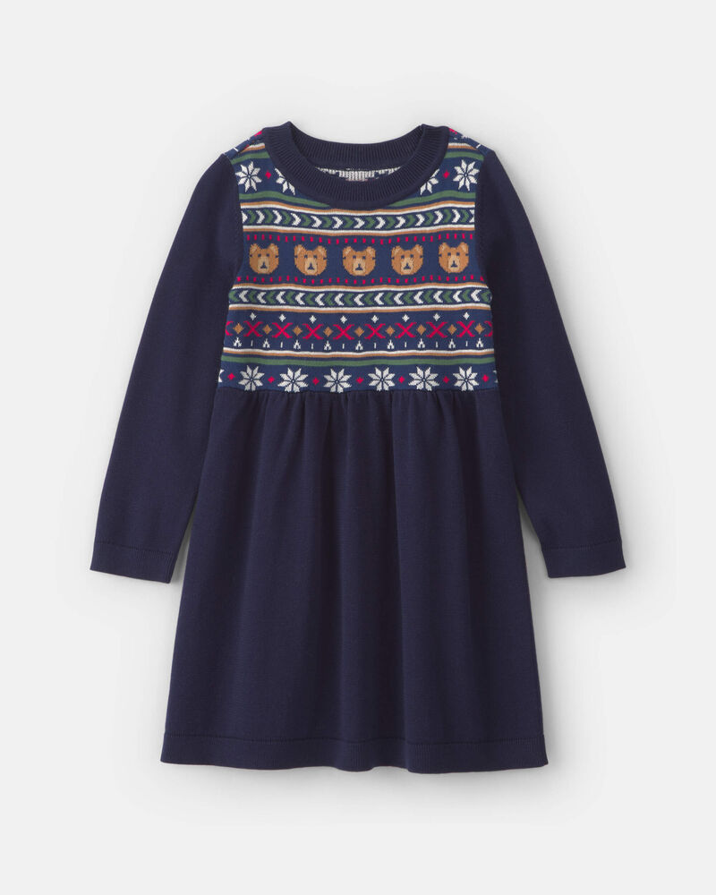 Toddler Girl Bear Fair Isle Long-Sleeve Dress - Navy Blue, image 1 of 4 slides