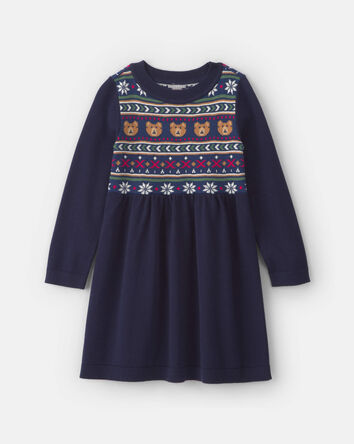 Toddler Girl Bear Fair Isle Long-Sleeve Dress - Navy Blue, 