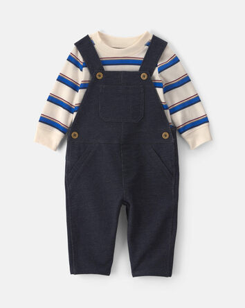 B&eacute;b&eacute; gar&ccedil;on - Ensemble 2 pi&egrave;ces salopette et manches longues en jersey bouclette &agrave; rayures &ndash; Indigo/Cr&egrave;me, 