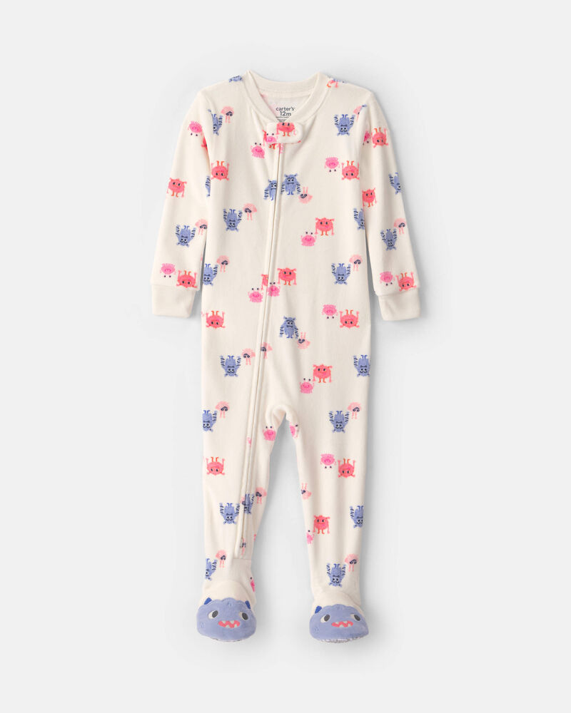 Baby Girl 1-Piece Monster 2-Way Zip DreamPlush Snug Fit Footed Pyjama - Cream, image 1 of 8 slides