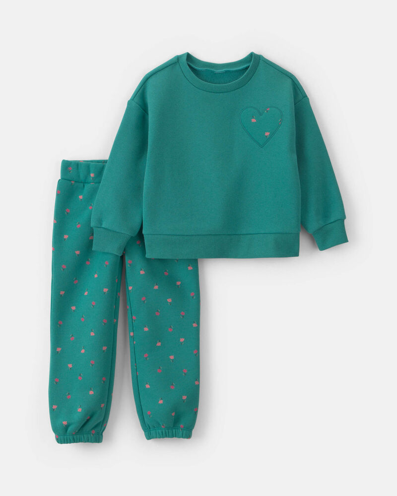 Toddler Girl 2-Piece Heart & Floral Fleece Long-Sleeve Top & Pant Set &ndash; Green, image 1 of 5 slides
