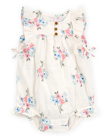 Baby Floral Linen Look-alike Bubble Romper-Ivory, 