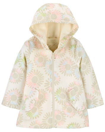 Toddler Fleece-Lined Floral Print Rain Jacket, 