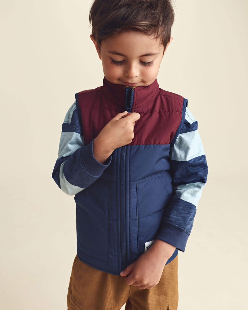 Toddler Boy Color Block Teddy Fleece Vest - Navy Blue/Burgundy, image 3 of 6 slides
