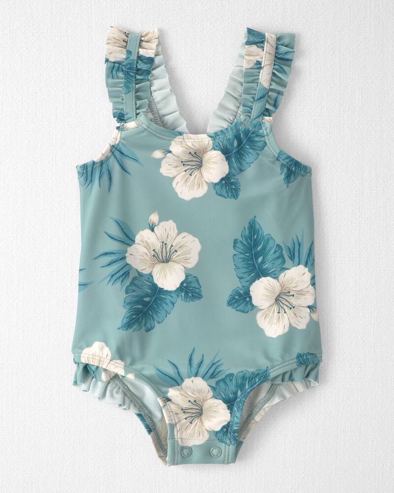 Baby Girl Recycled Ruffle 1-Piece Swimsuit in Hibiscus, image 1 of 5 slides