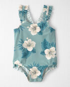 Baby Girl Recycled Ruffle 1-Piece Swimsuit in Hibiscus, image 1 of 5 slides