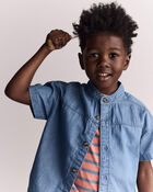 Toddler Boy Mandarin Collar Button-Down Shirt in Chambray, image 5 of 6 slides