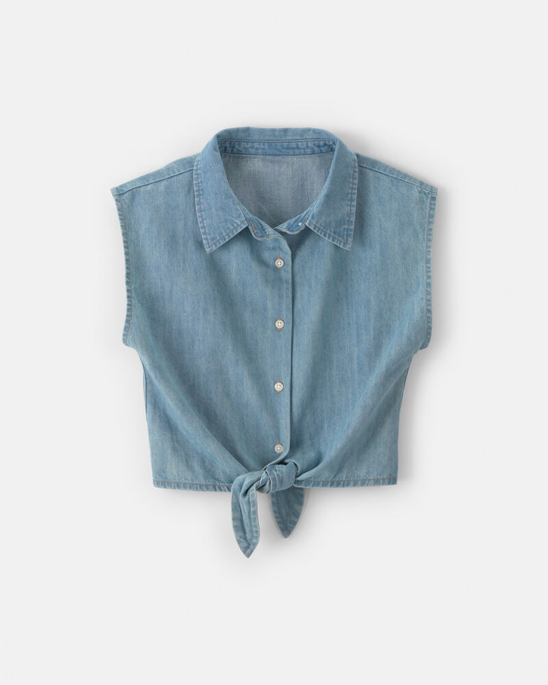 Girls Cropped Denim Tie-Front Top - Blue, image 1 of 3 slides