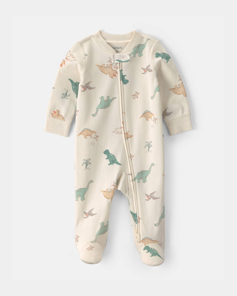 Baby Dinosaur 100% Cotton 2-Way Zip Sleeper - Cream, image 1 of 4 slides