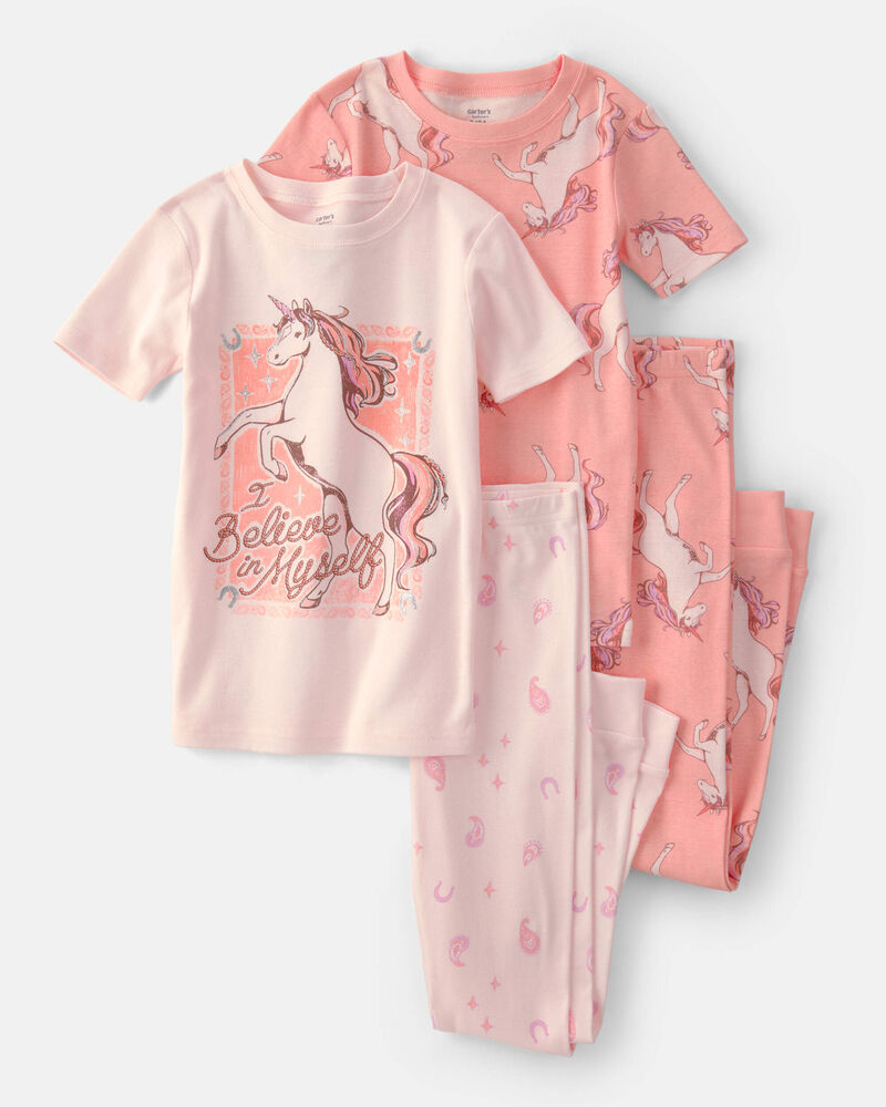 Girls Unicorn 100% Cotton Snug Fit 4-Piece Pyjama Set - Pink, image 1 of 5 slides