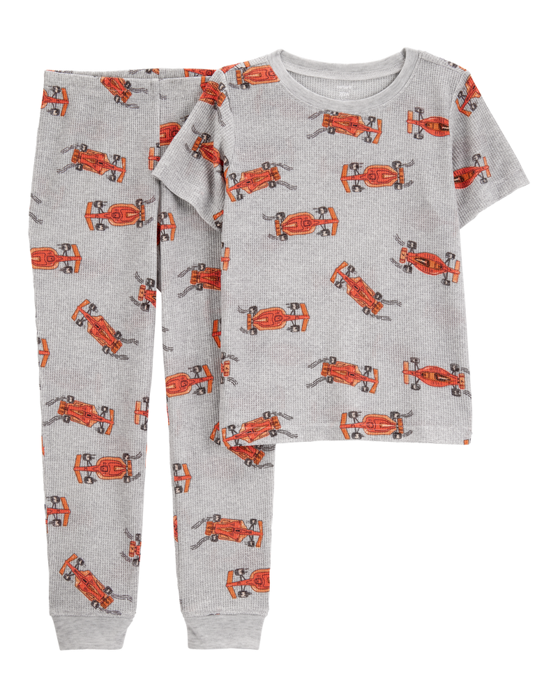 Boys Race Car Print Loose Fit Waffle Knit 2-Piece Pyjamas - Grey, image 1 of 3 slides