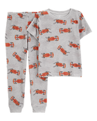 Boys Race Car Print Loose Fit Waffle Knit 2-Piece Pyjamas - Grey, image 1 of 3 slides