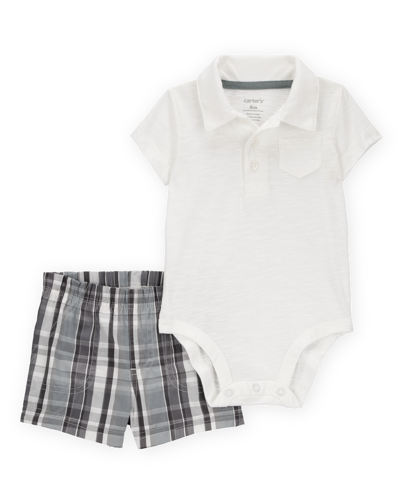 Baby 2-Piece Polo Bodysuit & Plaid Short Set - Ivory/Grey, image 1 of 3 slides