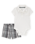 Baby 2-Piece Polo Bodysuit & Plaid Short Set - Ivory/Grey, image 1 of 3 slides