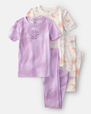 Girls Space Constellation Tie-Dye 100% Cotton Snug Fit 4-Piece Pyjama Set - Purple, 
