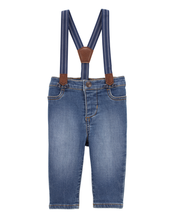 Baby Knit-Denim Suspender Pants, 