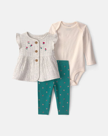 Baby Girl 3-Piece Floral Long-Sleeve Layering Set - Grey, 