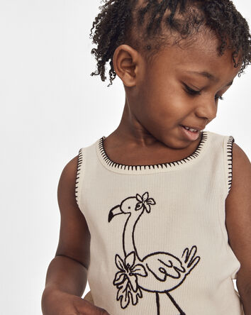 Toddler Girl Flamingo Embroidered Tank Top - Cream, 
