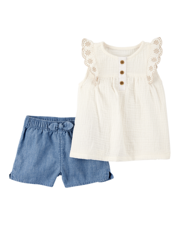 Baby 2-Piece Eyelet-Sleeve Tank & Pull-On Chambray Short Set - Ivory/Chambray, 