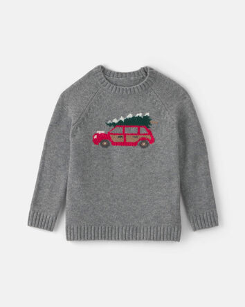 Toddler Boy Car Christmas Sweater - Grey, 
