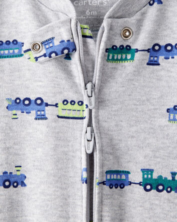 B&eacute;b&eacute; gar&ccedil;on - Grenouill&egrave;re ajust&eacute;e &agrave; manches longues en coton &agrave; imprim&eacute; de trains - Gris, 