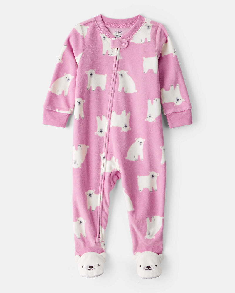 Tout-petit fille - Pyjama 1 pi&egrave;ce &agrave; pieds en molleton &agrave; motif d&rsquo;ours polaire - Rose, image 1 sur 3 diapositives