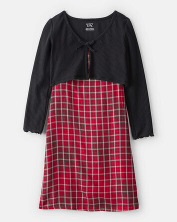 Girls 2-Piece Plaid Long-Sleeve Dress Set - Red, 