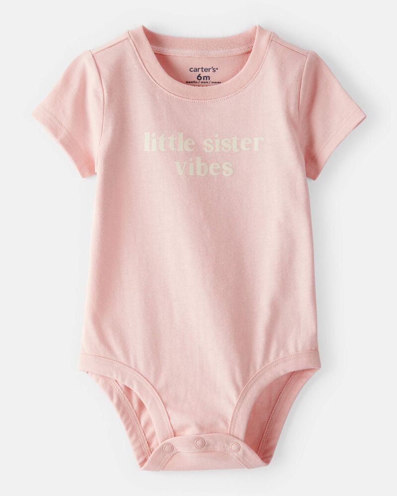 Baby Girl 'Little Sister Vibes' Short-Sleeve Graphic Bodysuit - Pink, image 1 of 2 slides