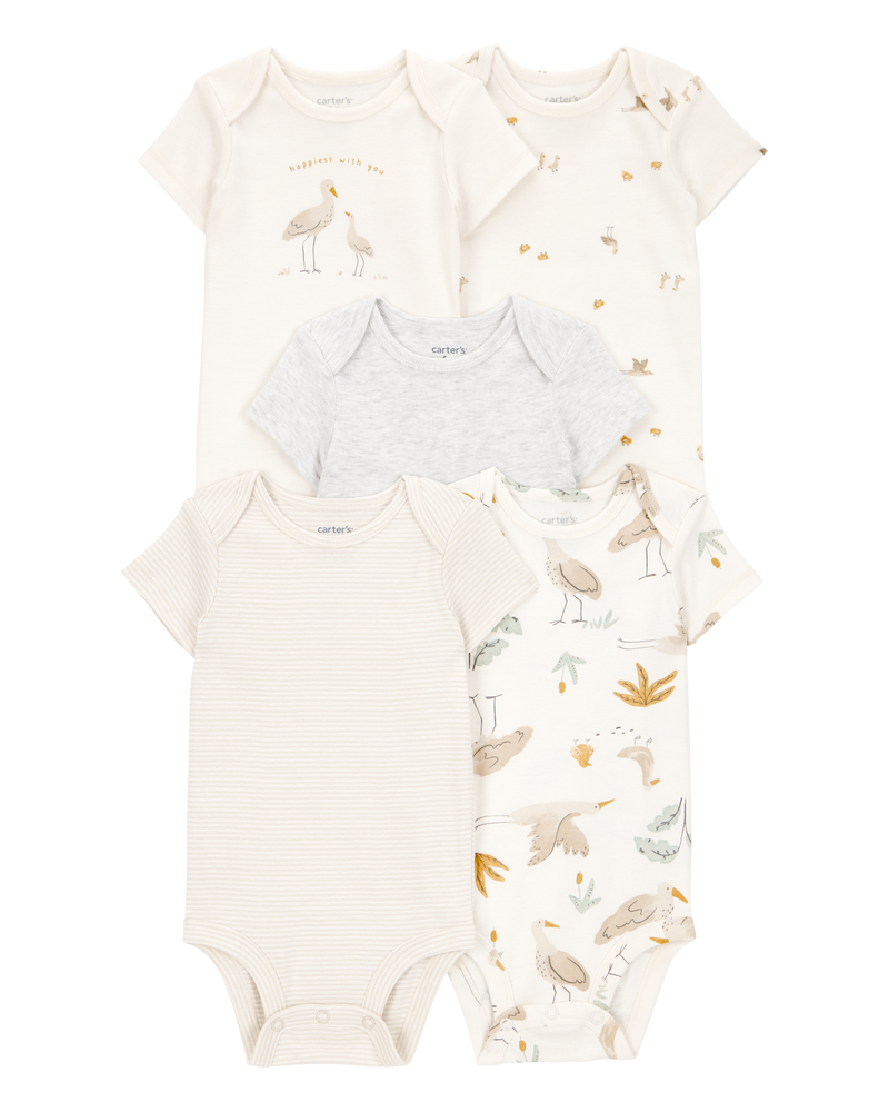 Baby 5-Pack Striped Birds Short-Sleeve Cotton Bodysuits, image 1 of 7 slides