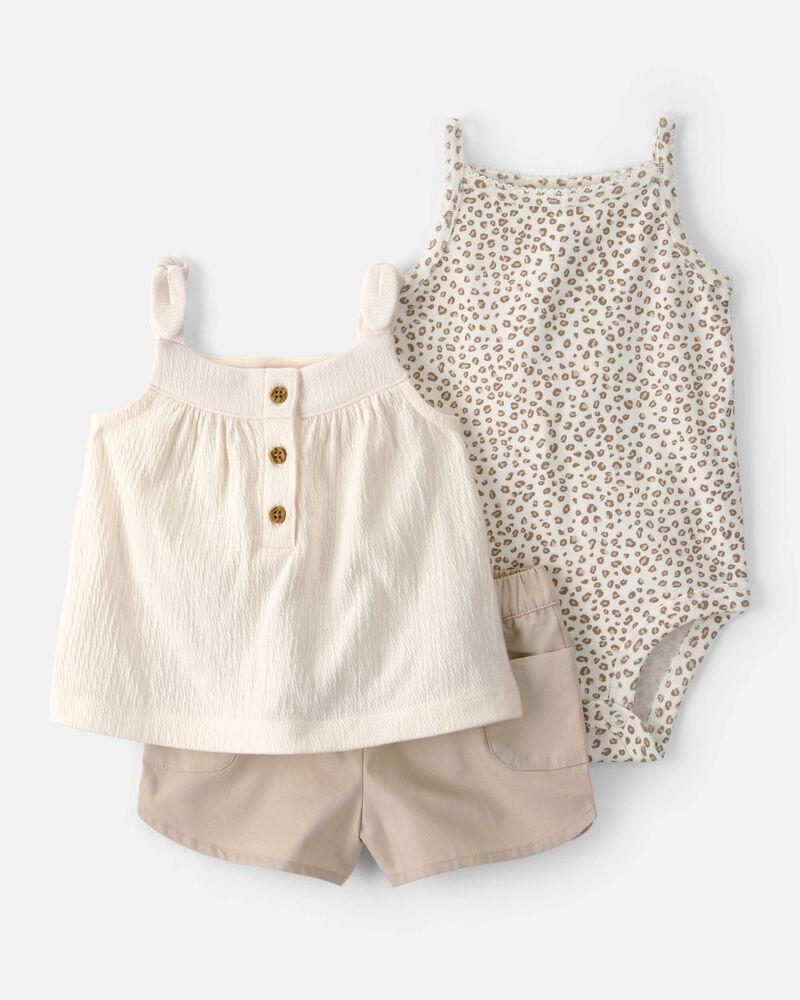 Baby Girl 3-Piece Cheetah Solid Top & Short Set - Brown, image 1 of 5 slides