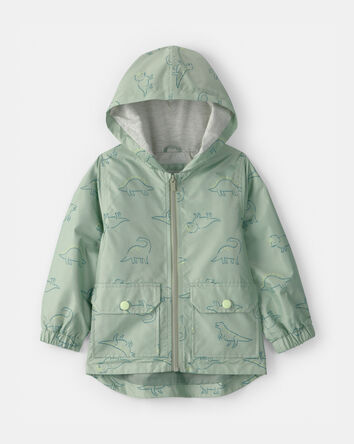 Toddler Boy Dinosaur Print Rain Jacket- Green , 