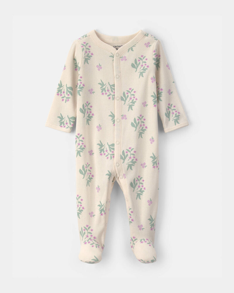 Baby Girl Floral Cotton Sleeper - Ivory, image 1 of 3 slides