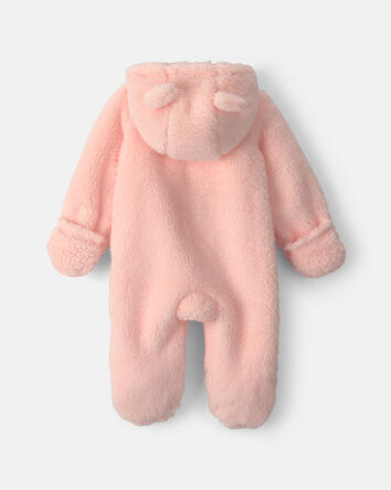 Baby Girl Bear Teddy Fleece Long-Sleeve Jumpsuit - Pink, 