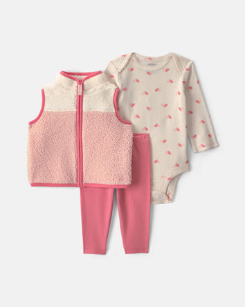 B&eacute;b&eacute; fille - Ensemble 3 pi&egrave;ces &agrave; superposer en molleton teddy &agrave; motif aux couleurs contrast&eacute;es - Rose, 