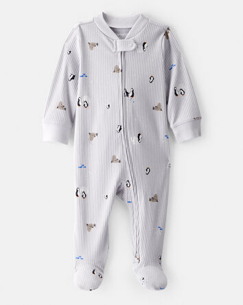 Baby Penguin Print Cotton Long-Sleeve Sleeper - White, 