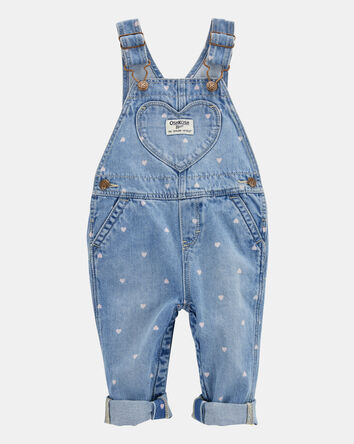 Baby Heart-Print Knit Denim Overalls - Blue, 