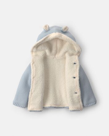 B&eacute;b&eacute; gar&ccedil;on - Blouson tricot &agrave; capuchon &agrave; th&egrave;me ourson - Bleu, 