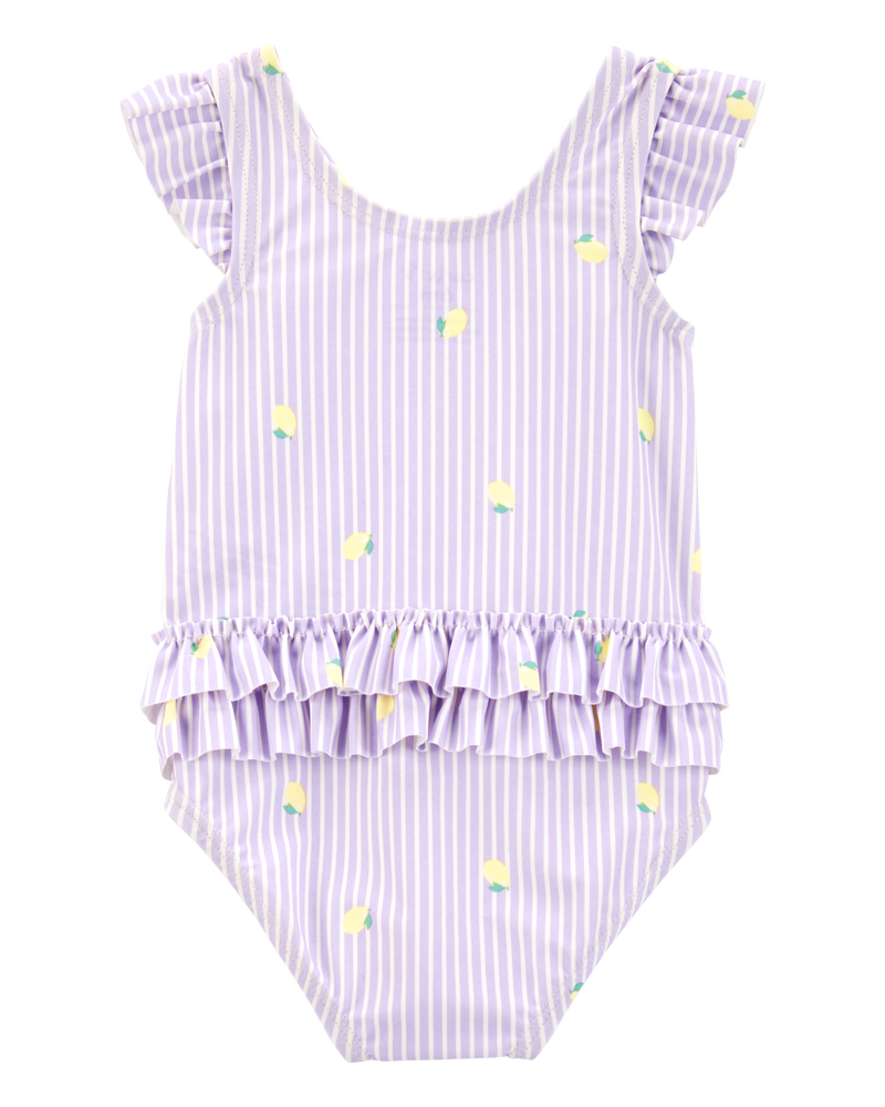 Baby Girl 1-Piece Striped Lemon Ruffle Swimsuit - Purple, image 3 of 6 slides