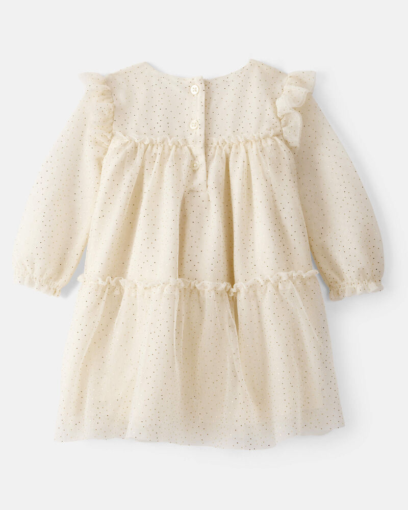 Baby Girl Sparkle Polka Dot Tulle Long-Sleeve Dress - Ivory, image 2 of 5 slides