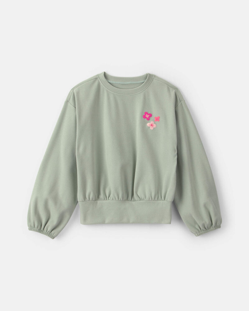 Girls Flower Long-Sleeve Top - Green, image 1 of 3 slides