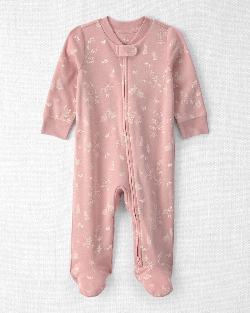 Baby Girl Organic Cotton Sleeper in Pink Bunnies Print, image 1 of 6 slides